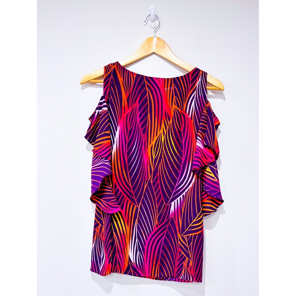 WORTHINGTON Purple orange leaf print cold shoulder top | Colorful | Large - Picture 7 of 7